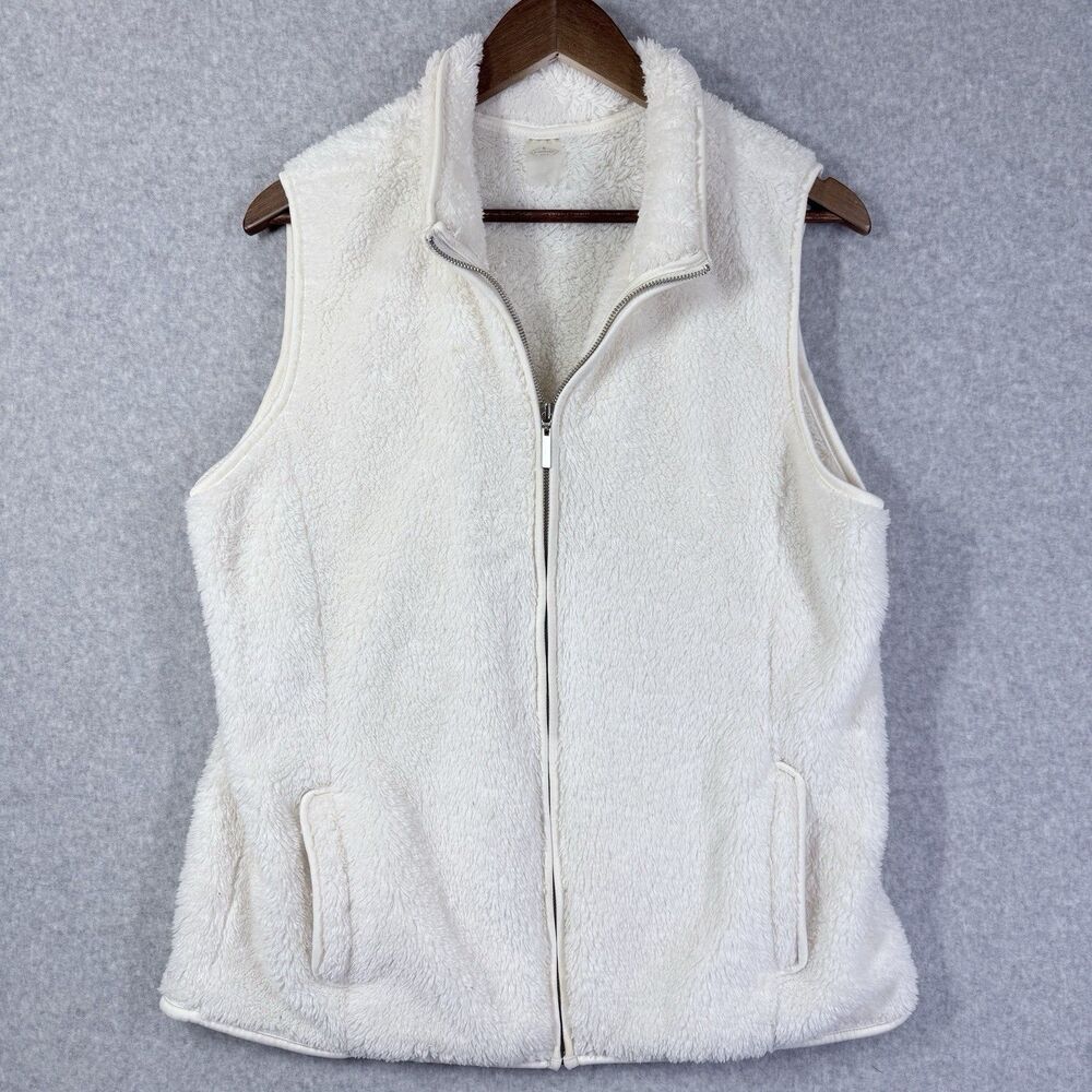 St Johns Bay Womens Size Large White Faux Fur Full Zip Fall Winter Vest Pockets